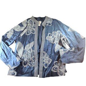 Chicos Shacket blazer blue white Embroidered Floral Size 2 nautical cottagecore